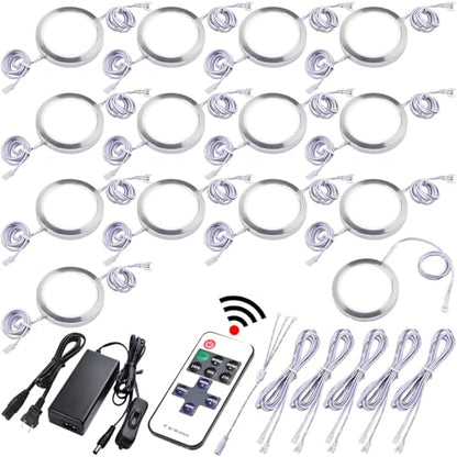 Under Cabinet Lighting Kit, Curio Display Case Lighting, Dimmable Wireless RF Remote Control, Linkable Wired LED Puck Lights, AC120V to DC12V, Hardwired or Wall Plug, Daylight, 14 Lights - color: 14 Lights, Daylight