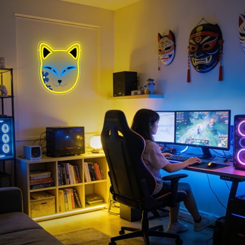 Anime Neon Sign, Fox Face Led Neon Light Signs for Wall Decor Japanese Light up Sign for Bedroom Game Room Party Decoration Birthday Gift for Girl Christmas Dimmable USB Powered(13.8"*12.4") - style: MASK YELLOW