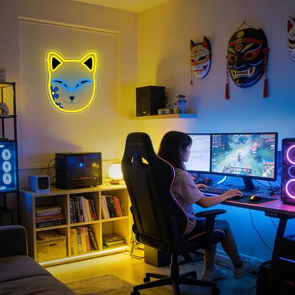 Anime Neon Sign, Fox Face Led Neon Light Signs for Wall Decor Japanese Light up Sign for Bedroom Game Room Party Decoration Birthday Gift for Girl Christmas Dimmable USB Powered(13.8"*12.4") - style: MASK YELLOW