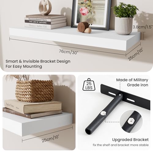 Fun Memories Floating Shelves for Wall, 30 Inch Long Floating Shelves Set of 2, 30 x 10 Wooden Shelves for Wall, Large Storage Shelves, Hanging Shelves for Bathroom Kitchen Bedroom, White - color: Modern White, size: 30W x 10D x 1.5H