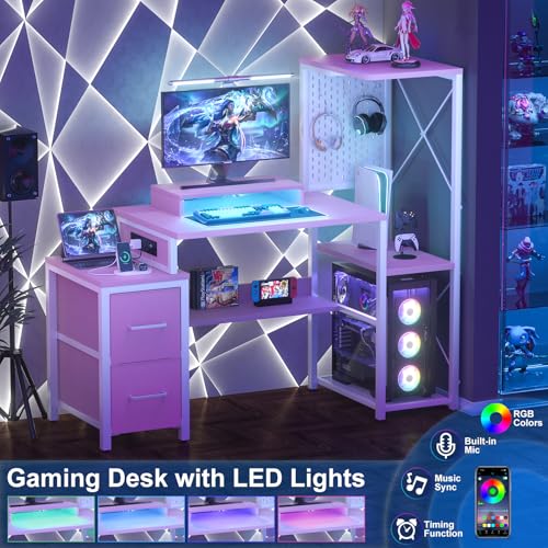 Small Gaming Desk with 2 Fabric Drawers - Reversible Computer Desk with Power Outlet & LED Lights, 49" Office Desk with Monitor Stand & Storage Shelves, Writing Study Table with Pegboard, Pink - color: Pink