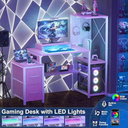 Small Gaming Desk with 2 Fabric Drawers - Reversible Computer Desk with Power Outlet & LED Lights, 49" Office Desk with Monitor Stand & Storage Shelves, Writing Study Table with Pegboard, Pink - color: Pink