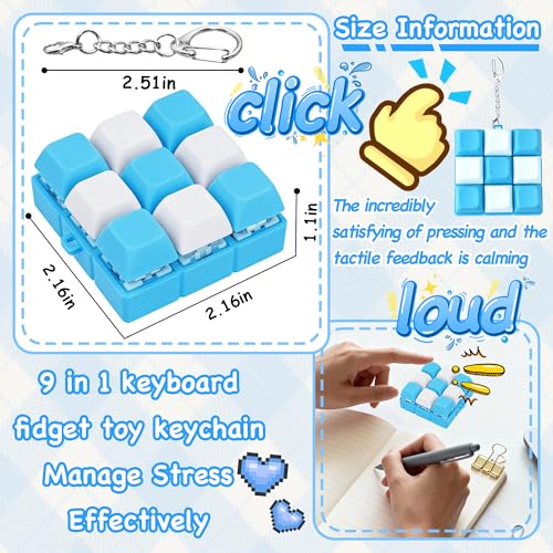 Keyboard Fidget Toy, Keyboard Keychain Fidget Toys, 9-in-1 Clicker Fidget Toy, Stress Relief Desk Decompression Button, Anxiety Relief Valentine's Day Gifts (2 Color-Blue White) - color: 2 Color-blue White
