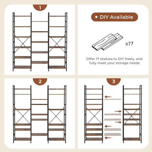 SUPERJARE Triple Bookshelf, Bookcase with 17 Open Display Shelves, Wide Book Shelf Book Case for Home & Office, 6 Tier, Brown, ABC003Z - color: Rustic Brown, size: 6 Tier