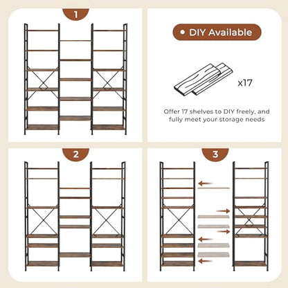 SUPERJARE Triple Bookshelf, Bookcase with 17 Open Display Shelves, Wide Book Shelf Book Case for Home & Office, 6 Tier, Brown, ABC003Z - color: Rustic Brown, size: 6 Tier