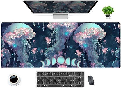DCJJM Anime Desk Mat Jellyfish Neon Blue XL Mouse Pad Gaming Ocean Moon Computer Keyboard Pad 80 x 30cm Women Desk Protector with Stitched Edges - color: Neon Blue Jellyfish, size: 31.5" x 11.8"