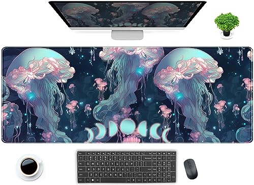 DCJJM Anime Desk Mat Jellyfish Neon Blue XL Mouse Pad Gaming Ocean Moon Computer Keyboard Pad 80 x 30cm Women Desk Protector with Stitched Edges - color: Neon Blue Jellyfish, size: 31.5" x 11.8"