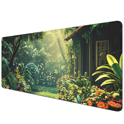 Garden Mouse Pad Desk Mat Large Gaming Mouse Pad Green (27.5X11.8 in) | Desk Cover Mat Desktop Mat,Big Mousepad with Stitched Edge Non-Slip Rubber Base for Work Study Game - color: green&garden