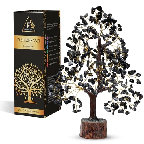 FASHIONZAADI Black Tourmaline Gemstone Tree - Crystal Tree of Life - Crystals and Stones Home Office Decor - Good Luck Gifts for Women - color: Black Tourmaline Golden Wire