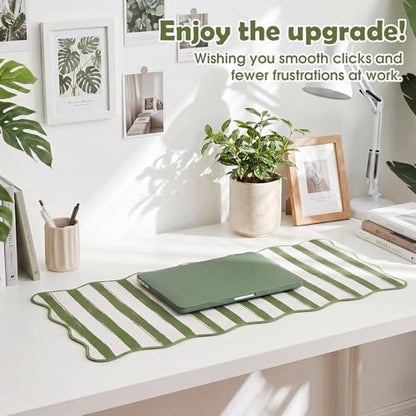 Copkim 1 Pcs Green Scalloped Striped Desk Mat 31.5 x 11.8 Inch Large Cute Mouse Pad Computer Mat Non Slip Waterproof Rubber Base with Border Stitching Soft Keyboard Pad for Home Office Gaming Makeup - color: Green, style: Strip