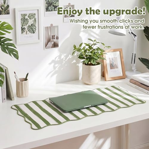 Copkim 1 Pcs Green Scalloped Striped Desk Mat 31.5 x 11.8 Inch Large Cute Mouse Pad Computer Mat Non Slip Waterproof Rubber Base with Border Stitching Soft Keyboard Pad for Home Office Gaming Makeup - color: Green, style: Strip