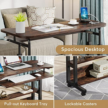 Tribesigns Portable Desk with Power Outlets, Height Adjustable Side Table Sofa Couch Bedside Laptop Computer Cart with USB Charging Ports, Mobile Small Standing Desk with Keyboard Tray - color: Brown