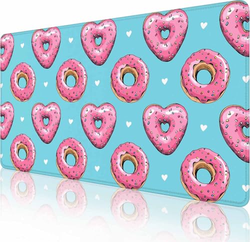 Gaming Mouse Pad, Large Pink Heart Donuts Mouse Pads for Desk, Non-Slip Rubber Base Mousepad, Keyboard Mouse Mat Desk Pad with Stitched Edges, 31.5x15.7 inch - color: Pink Heart Donuts, size: 31.5L x 15.7W inches