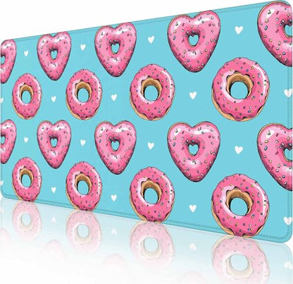 Gaming Mouse Pad, Large Pink Heart Donuts Mouse Pads for Desk, Non-Slip Rubber Base Mousepad, Keyboard Mouse Mat Desk Pad with Stitched Edges, 31.5x15.7 inch - color: Pink Heart Donuts, size: 31.5L x 15.7W inches