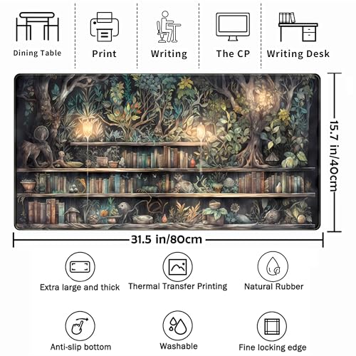 Forest Library Book Mouse Pad Desk Mat, Mystical Green Tree House XXL Extended Large Gaming Desk Pad Mousepad Computer Laptop Keyboard and Mouse Mat, Office Desk Decor Pad for Women 31.5x15.7 in - color: Green Forest Library Book