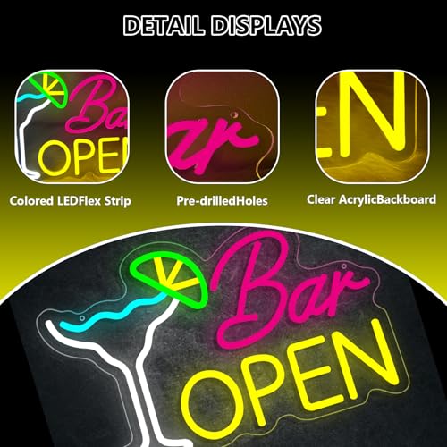 Bar Open Neon Sign, Home Bar Beer-Themed LED Light-Up Sign, Cocktail Glass Neon Open Sign, Dimmable Neon Bar Signs for Wall Decor, USB Powered Neon Lights for Pub, Man Cave, Home Bar, Party - color: Bar Open