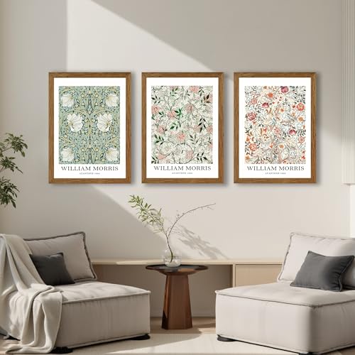 InspiredHues 3 Pieces William Morris Classic Canvas Wall Art, Green Pink and White Floral Design Wall Decor, Vintage Botanical Art Prints for Living Room Office Home Decoration 16x24 inch Wood Framed - color: Morris, size: 24"L x 16"W