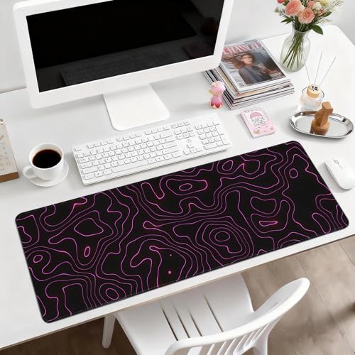Gaming Desk Mat with Silky Smooth Surface & Exquisite Patterns,31.5x11.8 Inches Large-Sized Mouse Pad, Perfect for Extended Gaming,Work,and Home Office Decor (Red Topographic Lines) - color: Red Topographic Lines