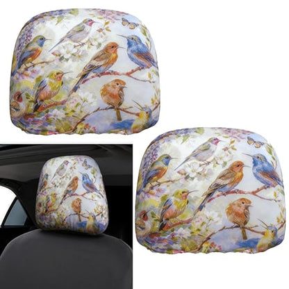 2pc Car Seat Headrest Cover Colorful Bird Head Rest Covers Protector - color: Colorful Spring Bird