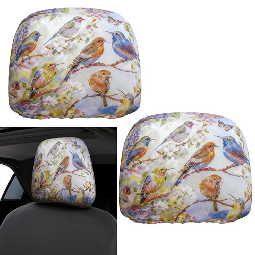 2pc Car Seat Headrest Cover Colorful Bird Head Rest Covers Protector - color: Colorful Spring Bird