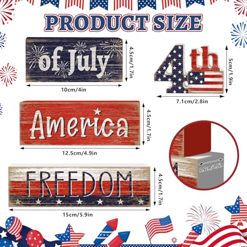 Britimes 4 Pcs 4th of July Decor Patriotic Tiered Tray Decorations Set, Memorial Day Table Sign Farmhouse Red White Blue Rustic Wooden Block Stack Sign for Home Fireplace Mantel (4th of July) - style: 4th of July