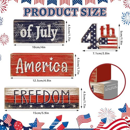 Britimes 4 Pcs 4th of July Decor Patriotic Tiered Tray Decorations Set, Memorial Day Table Sign Farmhouse Red White Blue Rustic Wooden Block Stack Sign for Home Fireplace Mantel (4th of July) - style: 4th of July