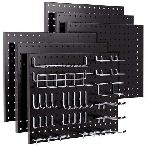 INCLY 90PCS Pegboard Wall Organizer, 6 Pack Metal Peg Board Panels with 1/4" Pegboard Hooks Accessories Kit, Black Peg Board for Walls Home, Garage Tool Storage, Workbench Organization - color: Black Pegboard with hooks, size: 6pcs-12"x16" with hooks