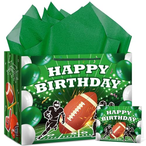 Hooqict Football Gift Bag Football Birthday Party Gift Wrapping Bag with Tissue Paper and Greeting Card for Boys Men Sport Birthday Football Bag Goodie Treat Party Favors - color: Football