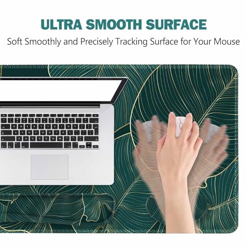 ToLuLu Extended Gaming Mouse Pad, Memory Foam Ergonomic Keyboard Mouse Wrist Rest Support Set, Large Desk Mat with Stitched Edges, Non-Slip Base Mousepad for Home Office Game, Green Golden Leaves - color: Green Golden Leaves