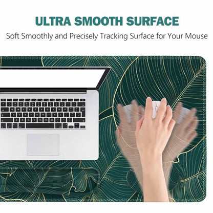 ToLuLu Extended Gaming Mouse Pad, Memory Foam Ergonomic Keyboard Mouse Wrist Rest Support Set, Large Desk Mat with Stitched Edges, Non-Slip Base Mousepad for Home Office Game, Green Golden Leaves - color: Green Golden Leaves