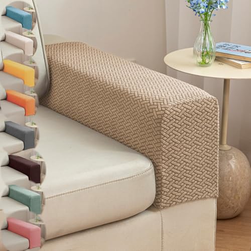 Couch Arm Covers & Arm Chair Covers Set of 2 - Stretch Sofa Armrest Protectors with Non-Slip Grip, Machine Washable Polyester Fabric for Recliner/Loveseat/Sectional (Light Coffee,Medium-Set of 2) - color: Light Coffee, size: Medium-Set of 2