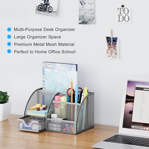 EasyPAG Mesh Desk Organizer with Drawer Multi-functional Pen Holder Stationery Organizer for Office School Supplies 6 Compartments Dorm Organizers and Storage for Desk, Silver - color: Silver