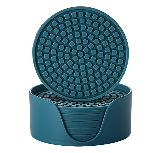 Colinda Silicone Drink Coasters with Holder, Set of 6, Outdoor Cup Mat for Hot or Cold Drinks, Thickened, Non-Slip,Non-Stick, Teal - color: Teal