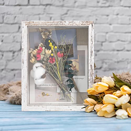 GraduationMall 8x10 Wood Shadow Box Frame Glass Door Display Case with Linen Back and 6 Stick Pins,1.5 inches Interior Depth,Ideal for Memorabilia Pictures Flowers Medals Tickets Rustic White - color: Rustic White, size: 8x10