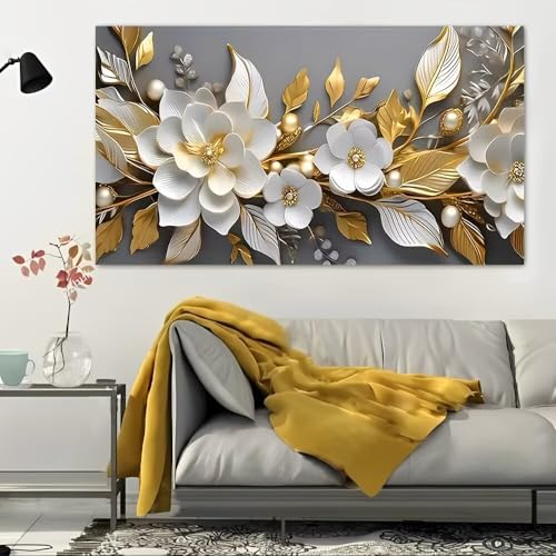 Gold Flowers White Pearls Rustic Canvas Wall Art - 12x24in Unframed Poster- Home & Office Decor for Living Room, Bedroom, Kitchen & Cafe - color: Gold Flowers