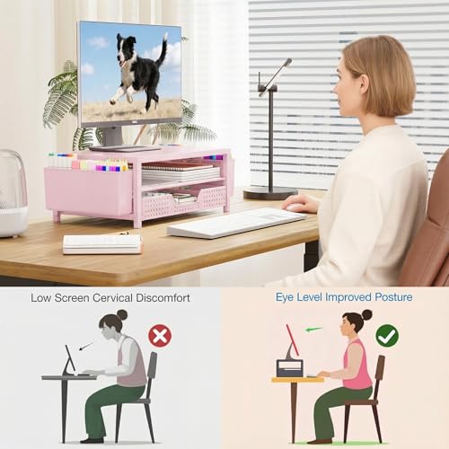 OPNICE Desk Organizers and Accessories, 2-Tier Computer Monitor Stand Riser with Drawer and 2 Pen Holders, Laptop Stand, Office Desk Accessories for Office Supplies, Pink - color: Pink, size: With Drawer and 2 Pen Holders
