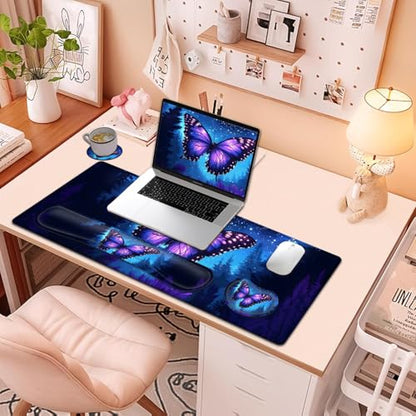 Large Mouse Pad + Keyboard Wrist Rest Set, Extended Gaming Mousepad (31.5X11.8 inch) with Non-Slip Rubber, Ergonomics Memory Foam Mouse Wrist Rest Support, Beautiful Butterfly Pattern XXL Desk Pad - color: Yu-Mouse Pad-3-B44