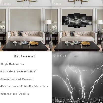 Biuteawal - Black and White City Wall Art Nature Lightning Strikes in The Clouds Painting on Canvas Storm Cityscape Picture Print for Home Office Bedroom Decoration - size: W60"xH32"