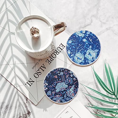 AD Set of 6 Coasters for Drinks Absorbing Round Ceramic Stone Coaster with Cork Base,Tabletop Protection Mat for Mugs and Cups,Office,Kitchen (Dark Garden with Holder) - style: Dark Garden with Holder