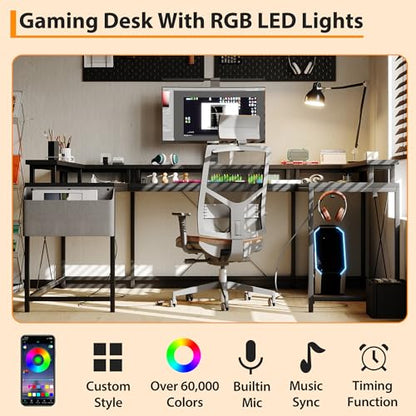 U Shaped Desk with Power Outlet & LED Lights, 79" Reversible Computer Desk with Monitor Stand, Wood Home Office Desks Gaming Desk with Shelving, Side Storage Pockets, Black - color: Black