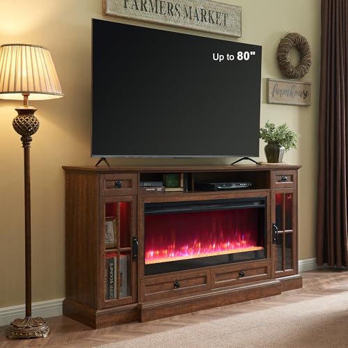 RedLemon Farmhouse Fireplace TV Stand for 80 Inch TV, 36" Tall Entertainment Center with 42" Crystal Eletric Fireplace, Modern Media Console Table with LED Lights for Living Room, Reclaimed Barnwood - color: Reclaimed Barnwood