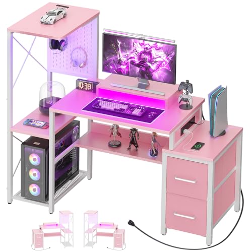 Small Gaming Desk with 2 Fabric Drawers - Reversible Computer Desk with Power Outlet & LED Lights, 49" Office Desk with Monitor Stand & Storage Shelves, Writing Study Table with Pegboard, Pink - color: Pink