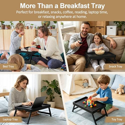 Breakfast Tray with Folding Legs Set of 2, Bamboo Bed Tray Table 15.7" Foldable TV Dinner Tray with Ergonomic Wave Handles for Bed Couch Sofa, Breakfast, Snacks, Coffee, Black - color: Black, size: Medium