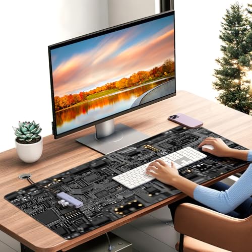 Large Gaming Mouse Pad, Circuit Board Design, Tech-Style Desk Mat, Extended Size 35.4 x 15.7 inches, Non-Slip Base, Microfiber Surface, Waterproof, Suitable for Gaming and Office Use. - color: Circuit Board Pattern