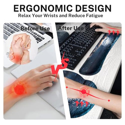 Arttown Moonlight Night Desk Mat Seascape Mouse Pad Set 4 in 1 Romantic Wave Ergonomic Design Large Desk Pad + Keyboard Wrist Rest + Mouse Wrist Rest + Coaster Suitable for Home Office Study Game - color: Moonlight Night