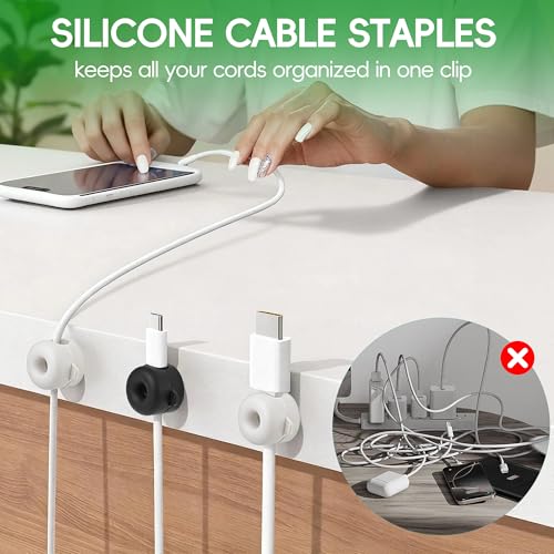 8-Pack Magnetic Cable Management Clips for Home Office Desk, Cord organizer | reusable, strong adhesive, silicone wire staples keeper, stick-on wire holder clamps, work on wall, nightstand, car dashboard - color: black & white