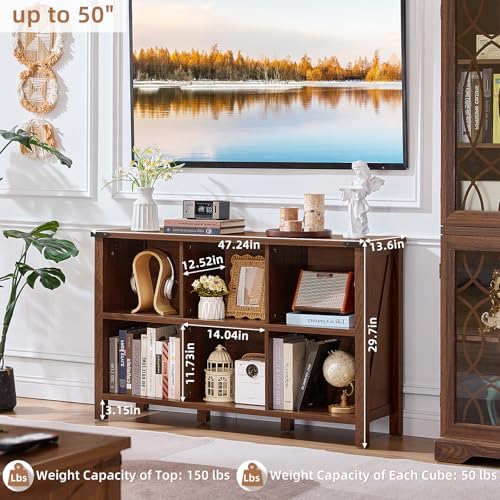 Joaxswe Farmhouse 6 Cube Book Shelf, Wood 3 Tier Storage Organizer Bookshelf, Brown Walnut 47" Horizontal Cubby Bookcase with Legs, Rustic Entryway Book Case, Long Display Cabinet for Bedroom, Office - color: Brown Walnut, size: 6 Cube (13.6"D x 47.24"W x