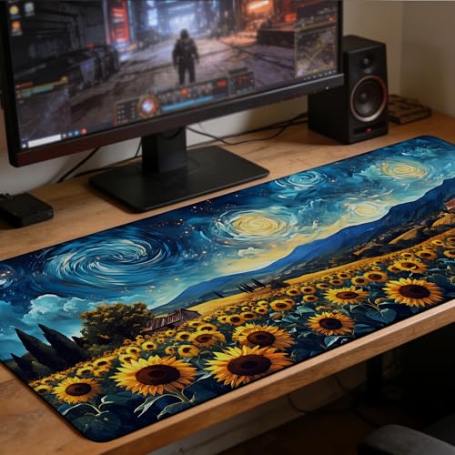 Sunflowers Under A Starry Night Sky Gaming Mouse Pad Large Desk Mat Extended Keyboard Anime Mousepad with Non-Slip Base and Stitched Edge for Desk Home Office Gaming,35.4 x 15.7 Inch - color: Sunflowers under A Starry Night Sky, size: 15.7*35.4inch