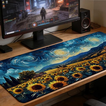 Sunflowers Under A Starry Night Sky Gaming Mouse Pad Large Desk Mat Extended Keyboard Anime Mousepad with Non-Slip Base and Stitched Edge for Desk Home Office Gaming,31.5 x 11.8 Inch - color: Sunflowers under A Starry Night Sky, size: 11.8*31.5inch