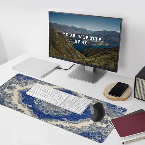 Extended Mouse Pad, Persian Rug Design, Blue and Beige, 35.4x15.7 Inches, Rubber Base with Stitched Edges, Gaming Keyboard Desk Mat - color: Blue Carpet